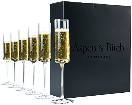 Aspen & Birch - Modern Champagne Flutes Set of 6 - Champagne Glasses - Mimosa Glasses, 100% Lead Free Crystal Stemware, Clear, 6 oz, Hand Blown Glass Champagne Flutes - Hand Crafted by