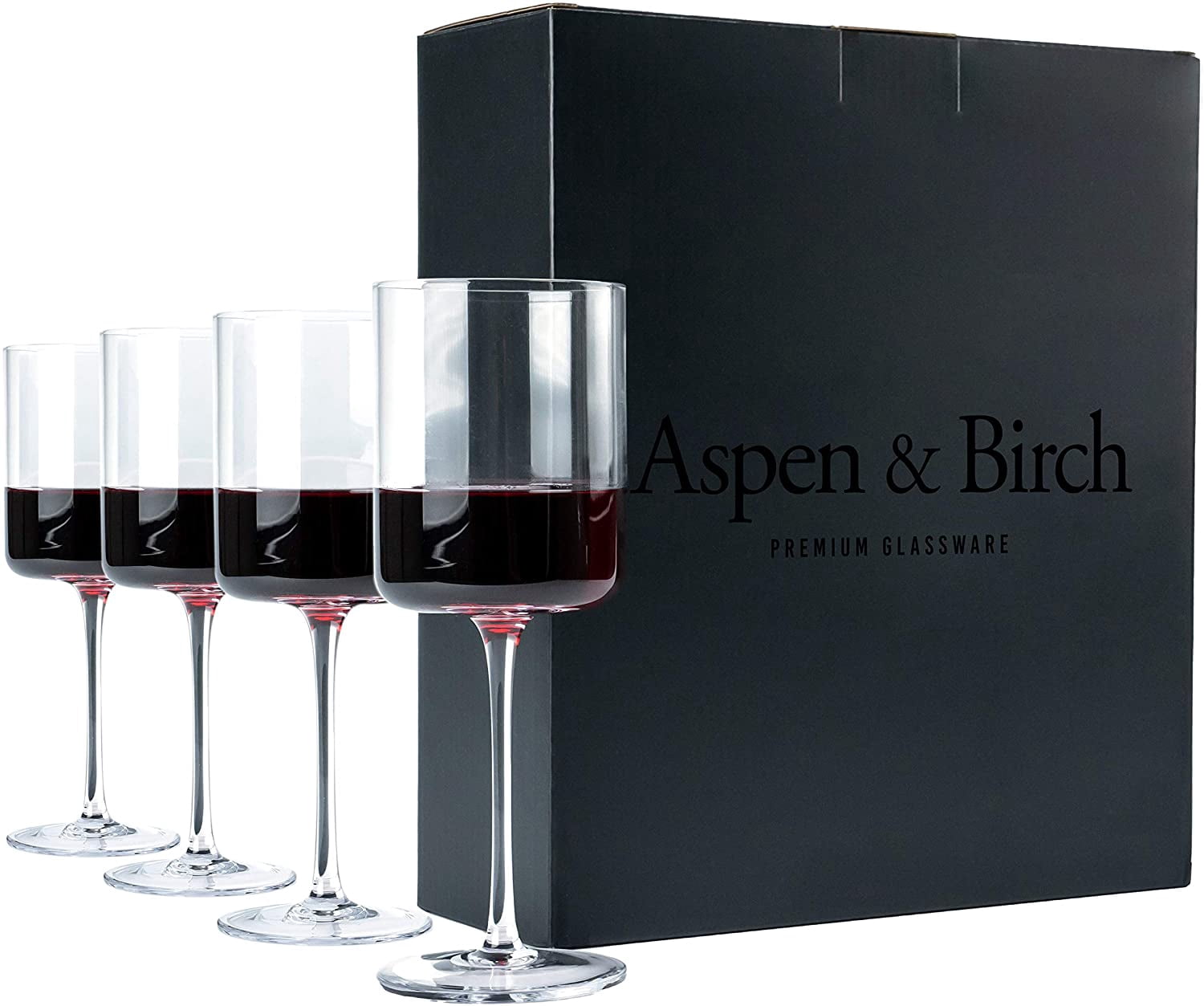 Aspen & Birch - Modern Wine Glasses Set of 4 - Red Wine Glasses or White Wine Glasses, Premium Crystal Stemware, Long Stem Wine Glasses Set, Clear, 15 oz, Hand Blown Glass Crafted by Artisans