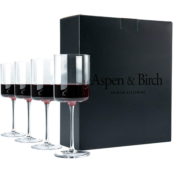 Aspen & Birch - Modern Wine Glasses Set of 4 - Red Wine Glasses or White Wine Glasses, Premium Crystal Stemware, Long Stem Wine Glasses Set, Clear, 15 oz, Hand Blown Glass Crafted by Artisans