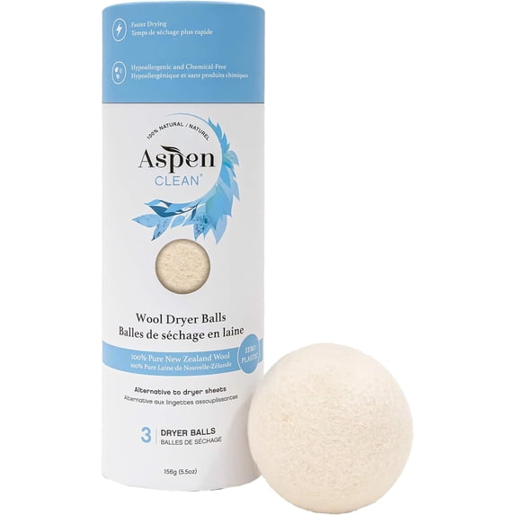 Aspen Clean Wool Dryer Balls | 100% Pure New Zealand Wool | Reusable Natural Fabric Softener Alternative | Reduces Drying Time & Static | Pack of 3
