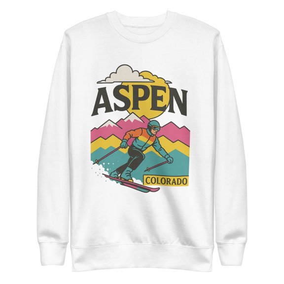 Aspen Colorado Retro 80s Ski Unisex Premium Sweatshirt (White, 3XL)