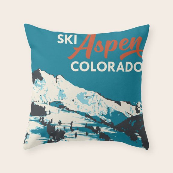 Aspen Colorado Ski Mountain Teal Polyester Velvet Throw Pillow Cover for Reading Nook, No Insert