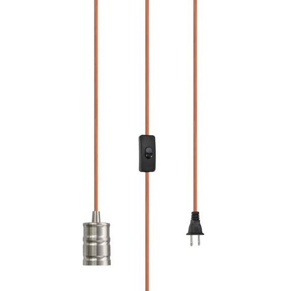 Aspen Creative 21002, 1-Light Plug-in Hanging Socket Pendant, Satin Nickel, 15 ft. Orange Textile Cord with Rocker Switch