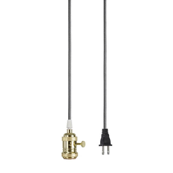 Aspen Creative 21007-1, 1-Light Plug-in Vintage Style Hanging Socket Pendant Fixture with Polished Brass Socket, 20 feet of Black and White Textile Cord and On/Off Switch