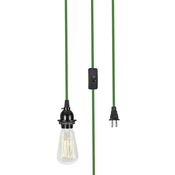 Aspen Creative 21027-21, One-Light Plug-In Vintage Style Hanging Socket Pendant Fixture with Black Socket and 15 feet of Apple Green Textile Cord and Rocker Switch