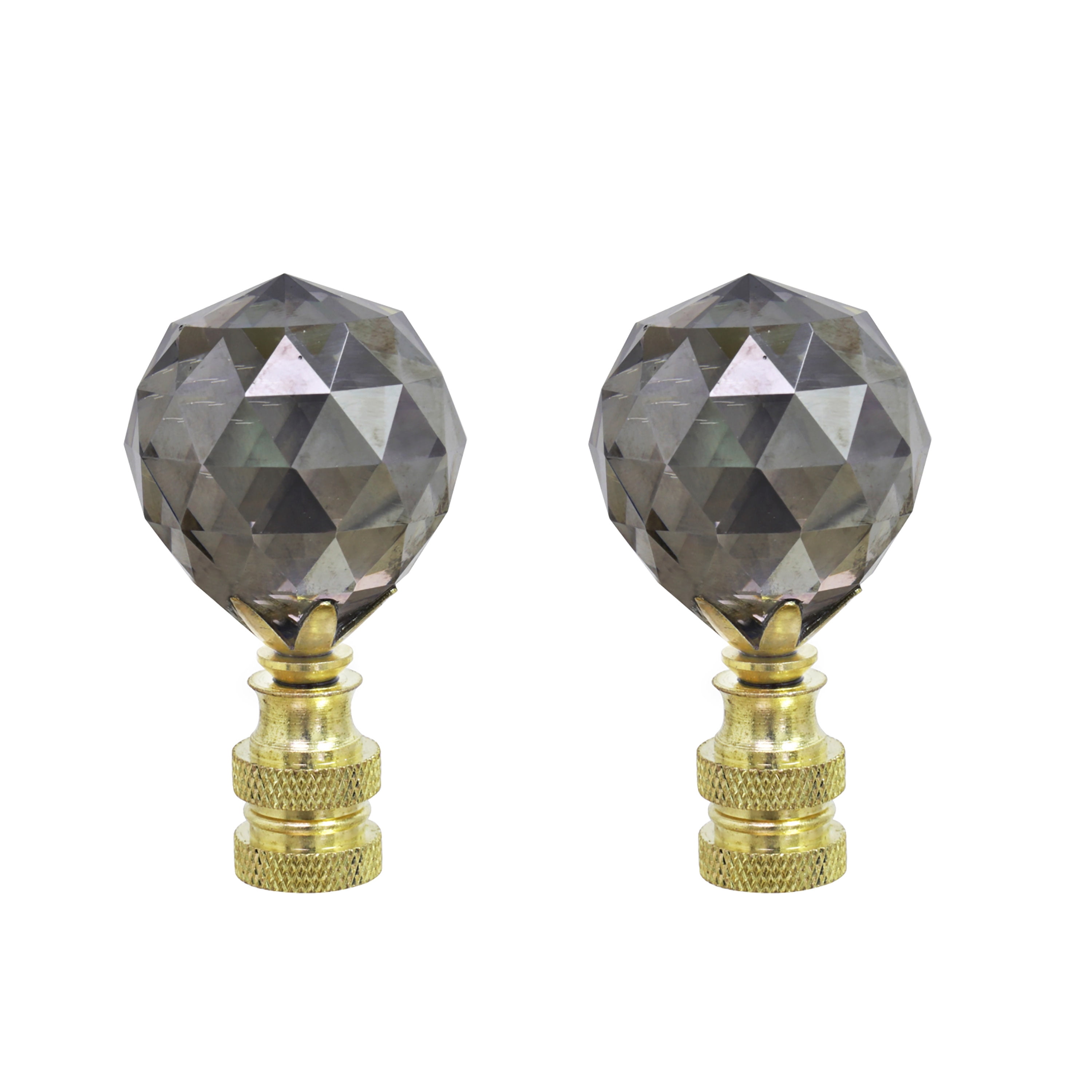 Charcoal Gray Faceted Crystal Lamp Finials with Brass Base, 2-Pack