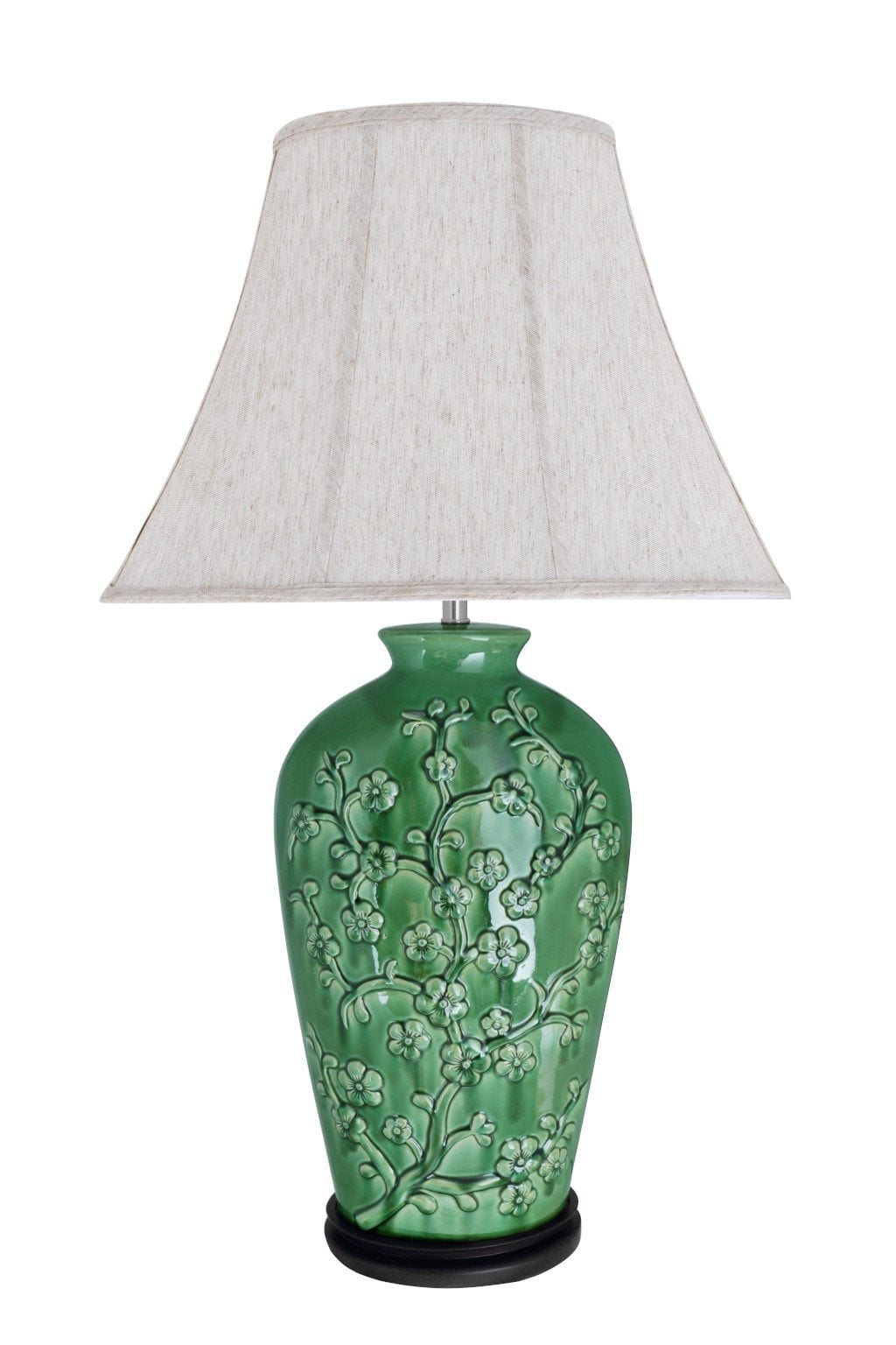 Green Ceramic Table Lamp with Off-White Linen Shade