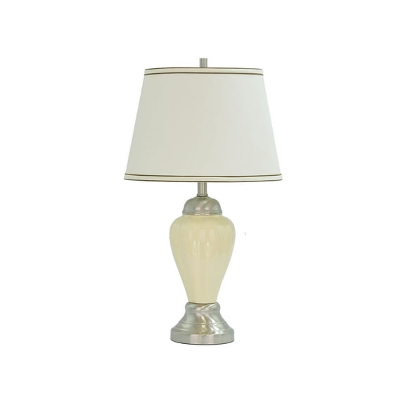 Aspen Creative 40016, 26" High Traditional Ceramic Table Lamp, Beige with Satin Nickel Base and Hardback Empire Shaped Lamp Shade in Off White, 15" Wide