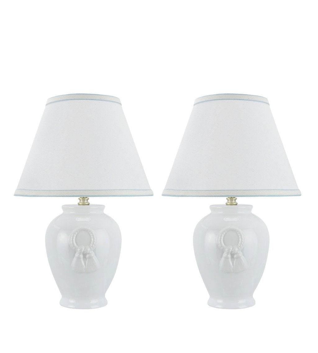 White Ceramic Table Lamp Set with Off-White Linen Shades