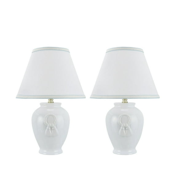 Aspen Creative 40069-1, Two Pack Set, 17" High, Traditional Ceramic Table Lamp, White with Hardback Empire Shaped Lamp Shade in Off-White, 11 1/2" Wide