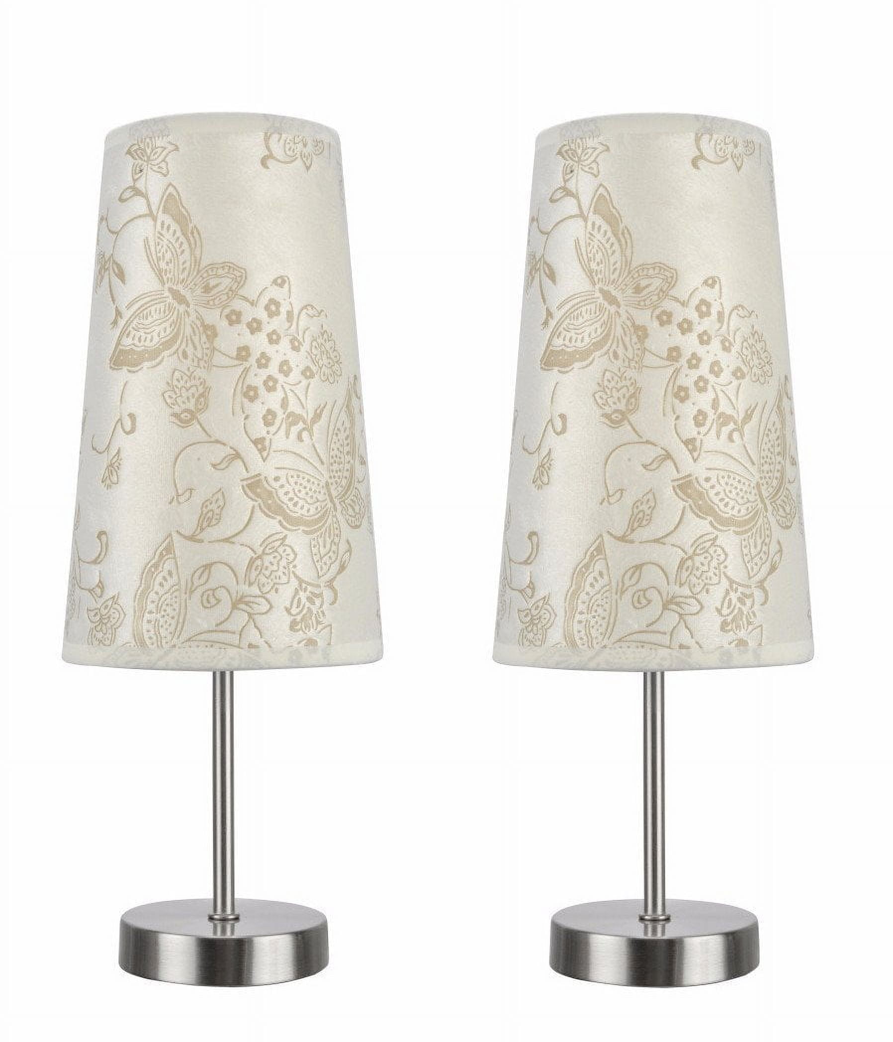Ivory Butterfly Embroidery Fabric Shade Satin Nickel Table Lamp Set