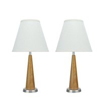 Aspen Creative 40095, Two Pack Set, 21 1/2" High Transitional Wooden Table Lamp, Brown Wood with Pewter Finish Base and Hardback Empire Shaped Lamp Shade in Off White, 11" Wide