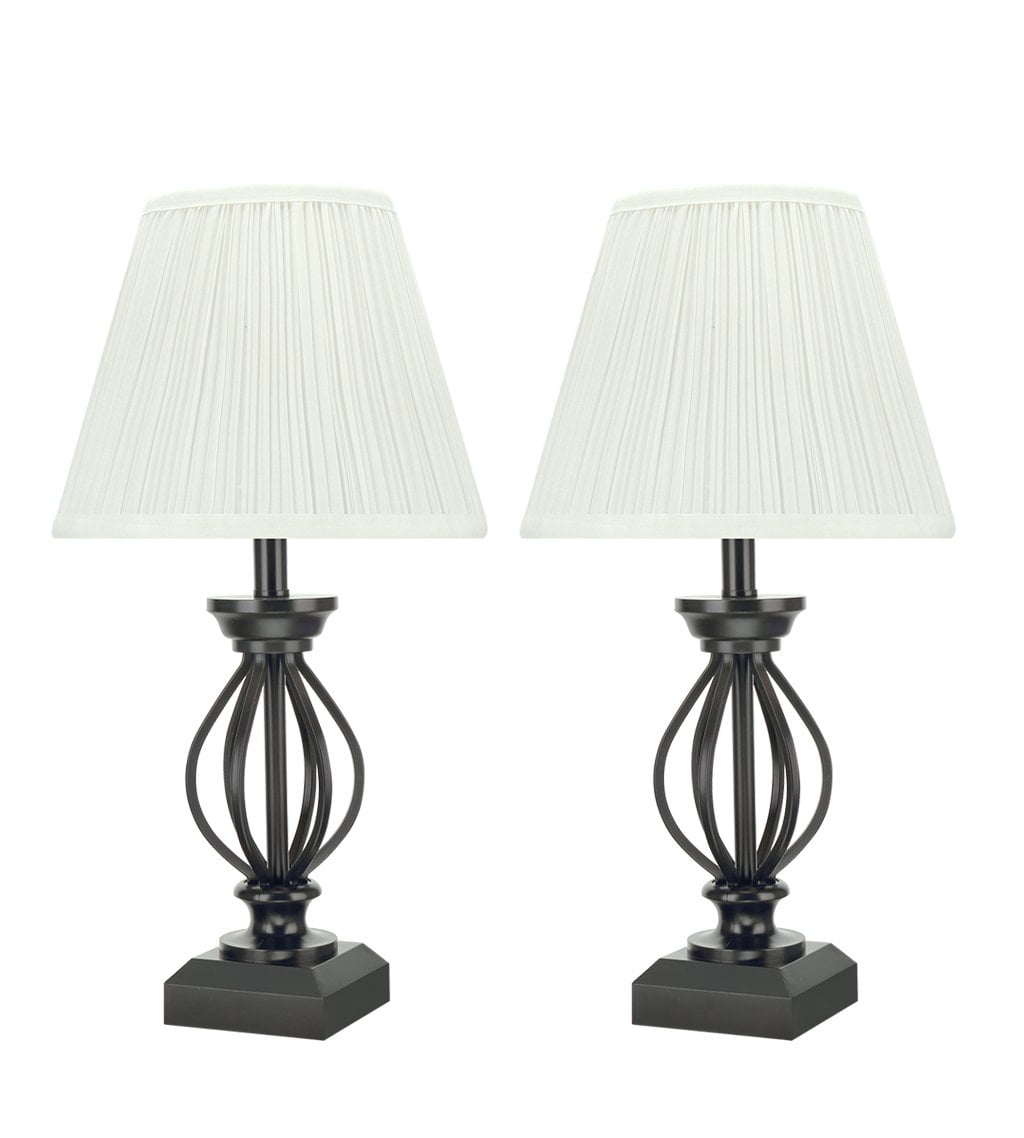 17.5" Black Wire Table Lamp with Off-White Linen Shade, Set of 2