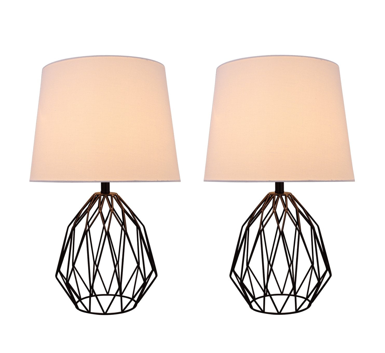 22" Matte Black Metal Wire Table Lamp Set with Cream Drum Shade