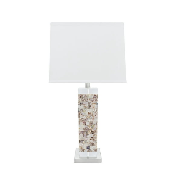 Aspen Creative 40168-11, 29" High Transitional Metal & Shell Table Lamp, Satin Nickel Finish and Hardback Rectangular Shaped Lamp Shade in White, 13"x13" Wide
