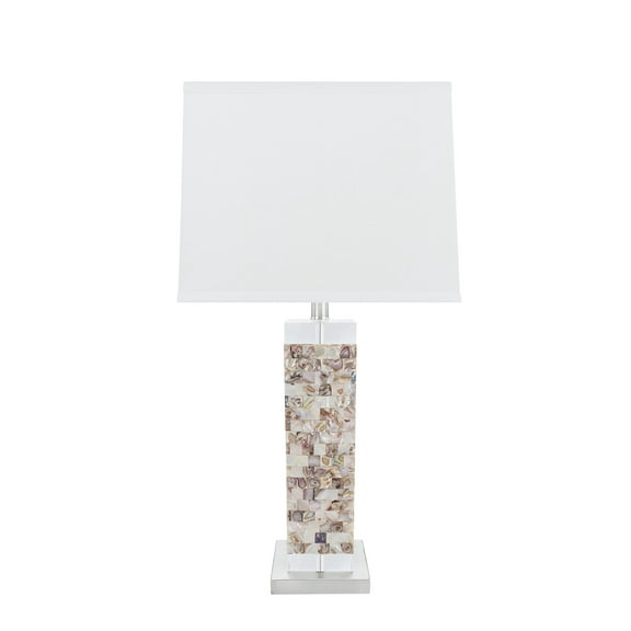 Aspen Creative 40168-11, 29" High Transitional Metal & Shell Table Lamp, Satin Nickel Finish and Hardback Rectangular Shaped Lamp Shade in White, 13"x13" Wide