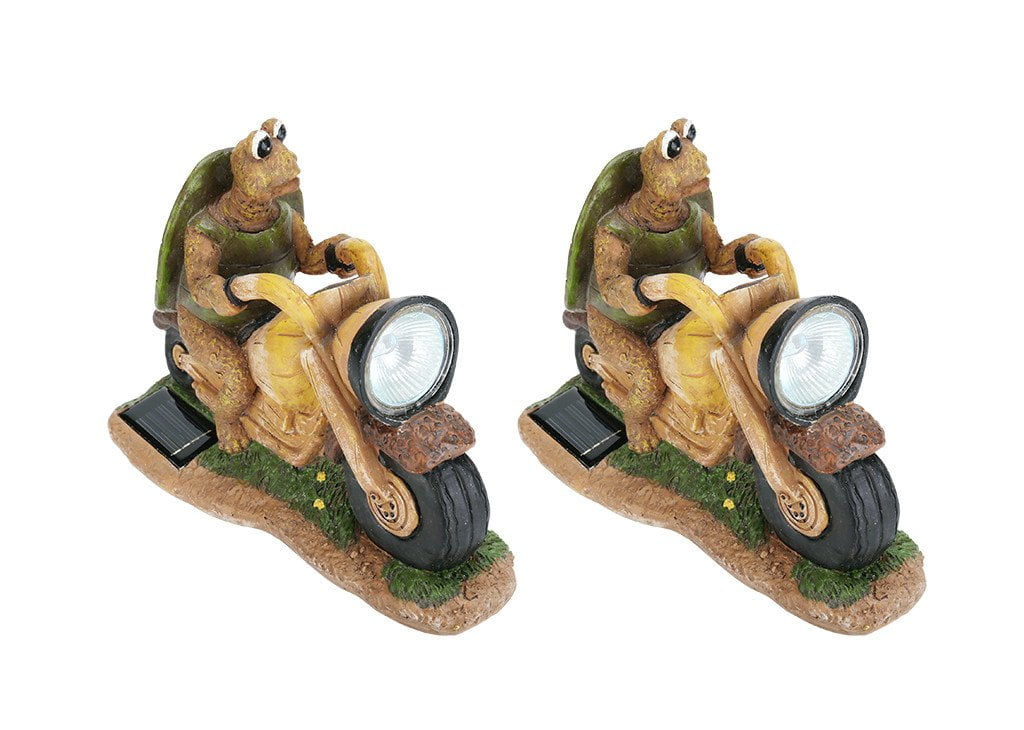 Turtle on Motorcycle Solar LED Light Statue Set, 10" Length