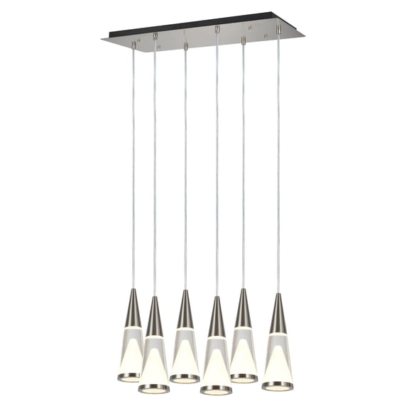 Aspen Creative 61075 Adjustable LED Six-Light Hanging Pendant Ceiling Light, Contemporary Design in Brushed Nickel Finish, Glass Shade, 24-1/2" Wide