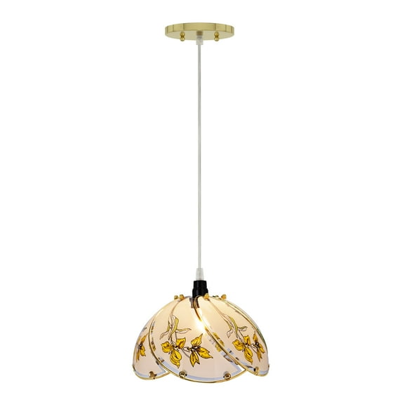 Aspen Creative 61096, One-Light Hanging Mini Pendant Ceiling Light, 8 3/4" Wide, Transitional Design in Polished Brass Finish, with Floral Pattern Glass Shade