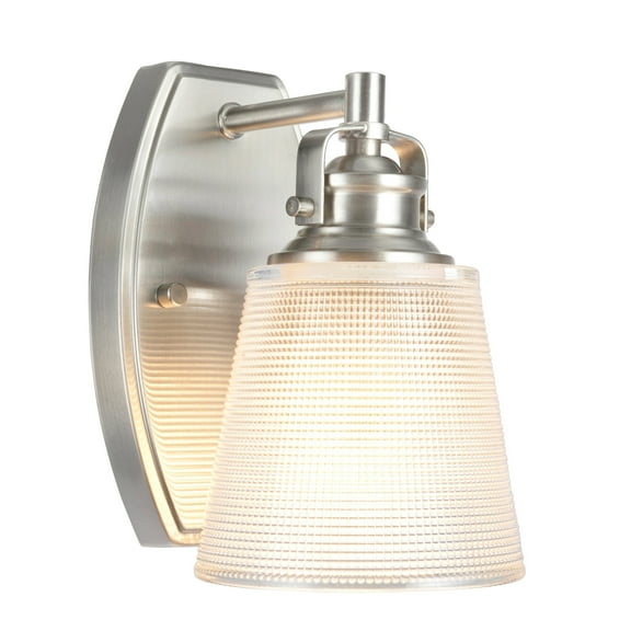 Aspen Creative 62085, One-Light Metal Bathroom Vanity Wall Light Fixture, 5" Wide, Transitional Design in Brushed Nickel with Clear Glass Shade