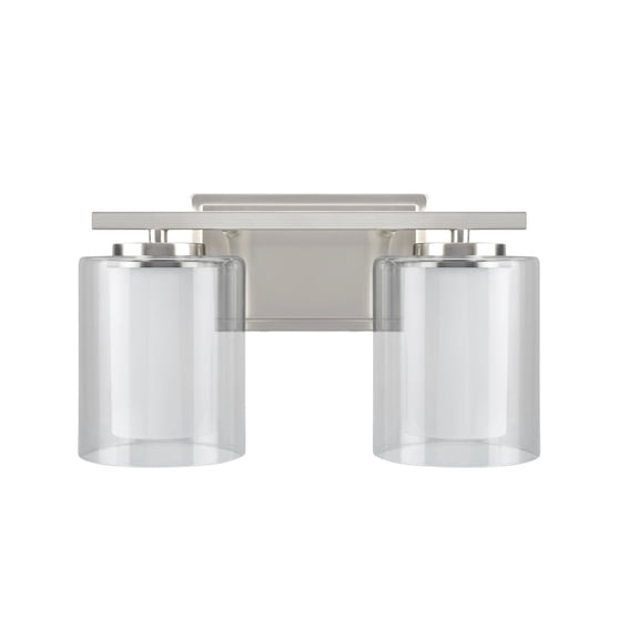 Aspen Creative 62102, Two-Light Metal Bathroom Vanity Wall Light Fixture, 13 1/2" Wide, Transitional Design in Satin Nickel with Clear Glass Shade