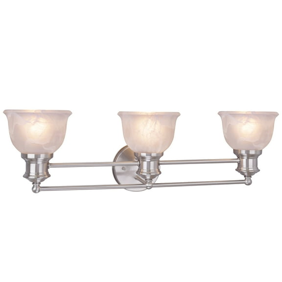 Aspen Creative 62139, Three-Light Metal Bathroom Vanity Wall Light Fixture, 25" Wide, Transitional Design in Brushed Nickel with Faux Alabaster Glass Shade