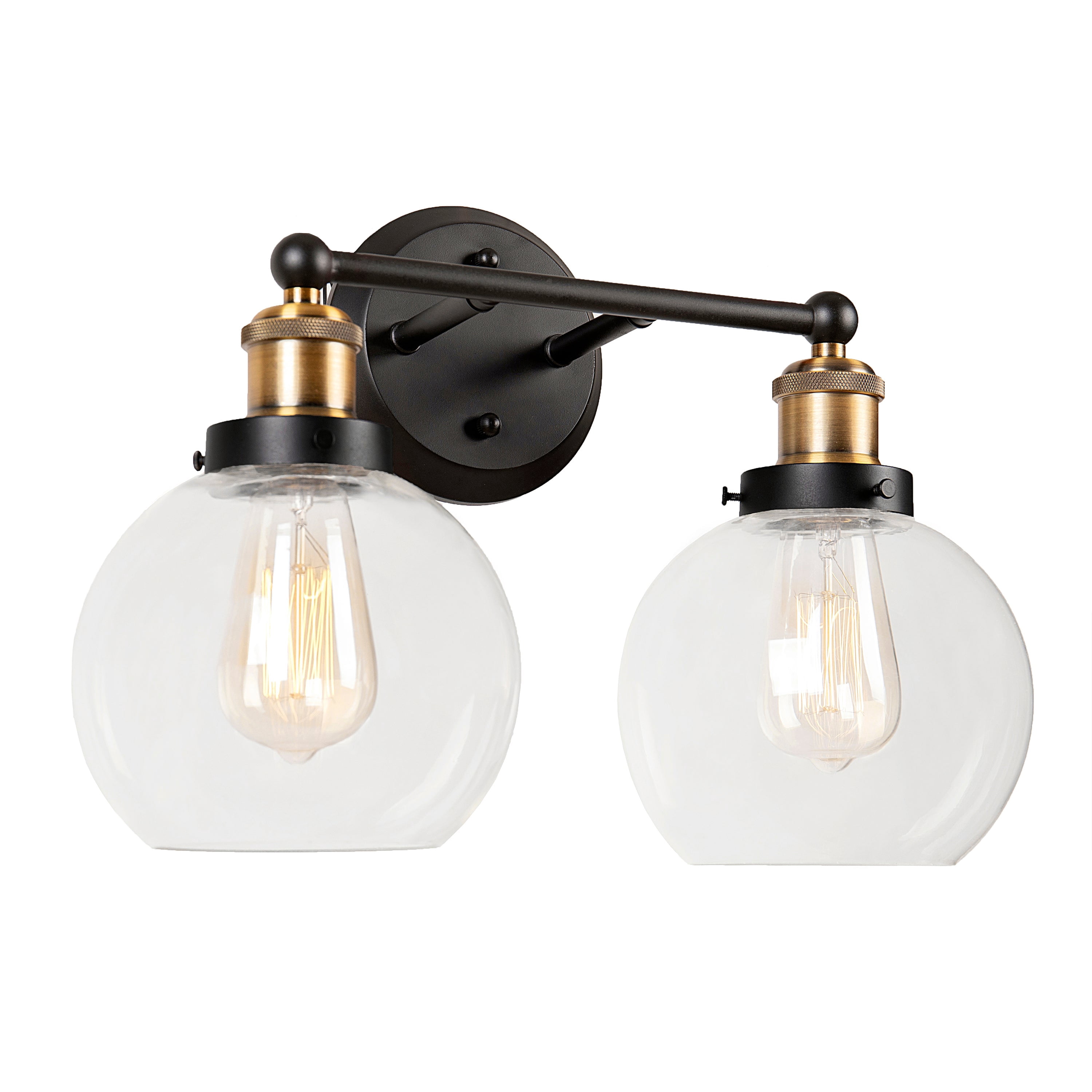 Aspen Creative 62267, Bathroom Vanity 2 Lights Fixture, 15-1/2" W x 11-3/4" H x 7-1/4" D, Antique Bronze/Warm Brass-2 Tone Finish/Clear Glass, Bulb Not Included