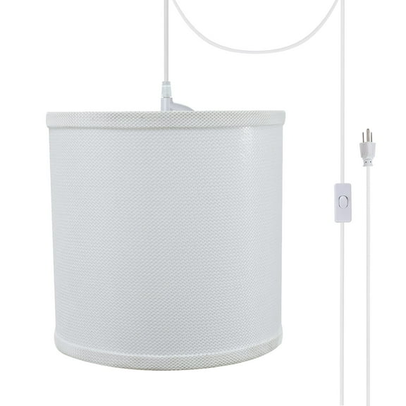 Aspen Creative 71058-21 One-Light Plug-In Swag Pendant Light Conversion Kit with Transitional Drum Fabric Lamp Shade, White, 8" width