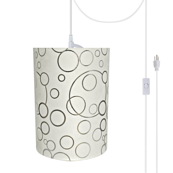 Aspen Creative 71114-21 One-Light Plug-In Swag Pendant Light Conversion Kit with Transitional Drum Fabric Lamp Shade, White, 8" width