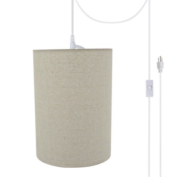Aspen Creative 71260-21 One-Light Plug-In Swag Pendant Light Conversion Kit with Transitional Drum Fabric Lamp Shade, Light Grey, 8" width