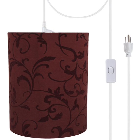 Aspen Creative 71269-21 One-Light Plug-In Swag Pendant Light Conversion Kit with Transitional Drum Fabric Lamp Shade, Red, 8" width