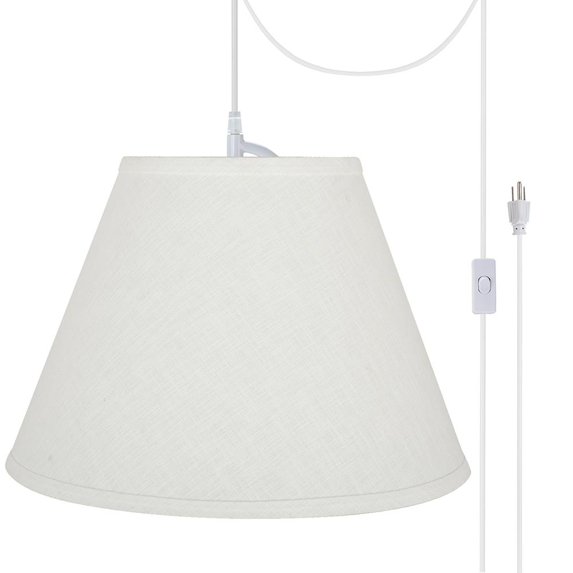 Aspen Creative 72366-21 One-Light Plug-In Swag Pendant Light Conversion Kit with Transitional Hardback Empire Fabric Lamp Shade, White, 14" width