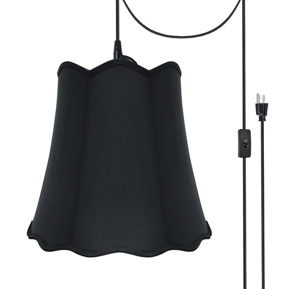 Aspen Creative 74063-21 Two-Light Plug-In Swag Pendant Light Conversion Kit with Transitional Scallop Bell Fabric Lamp Shade, Black, 16" width