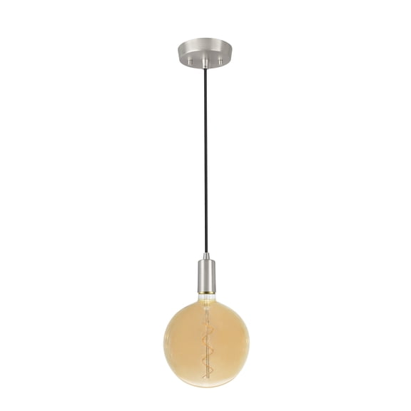 Aspen Creative 79009-11, One-Light Hanging Socket Pendant Fixture in Satin Nickel Finish with G200 Vintage Edison Decorative LED Amber Light Bulb