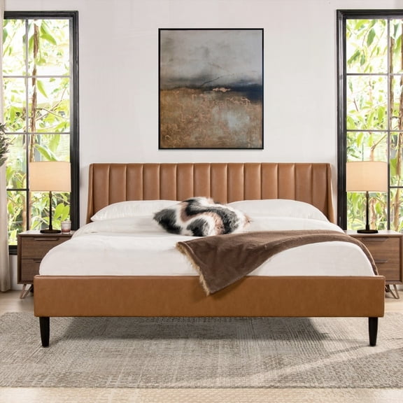 Aspen King Size Vertical Tufted Headboard Platform Bed Set in Caramel Tan Brown Faux Leather for Quality Sleep