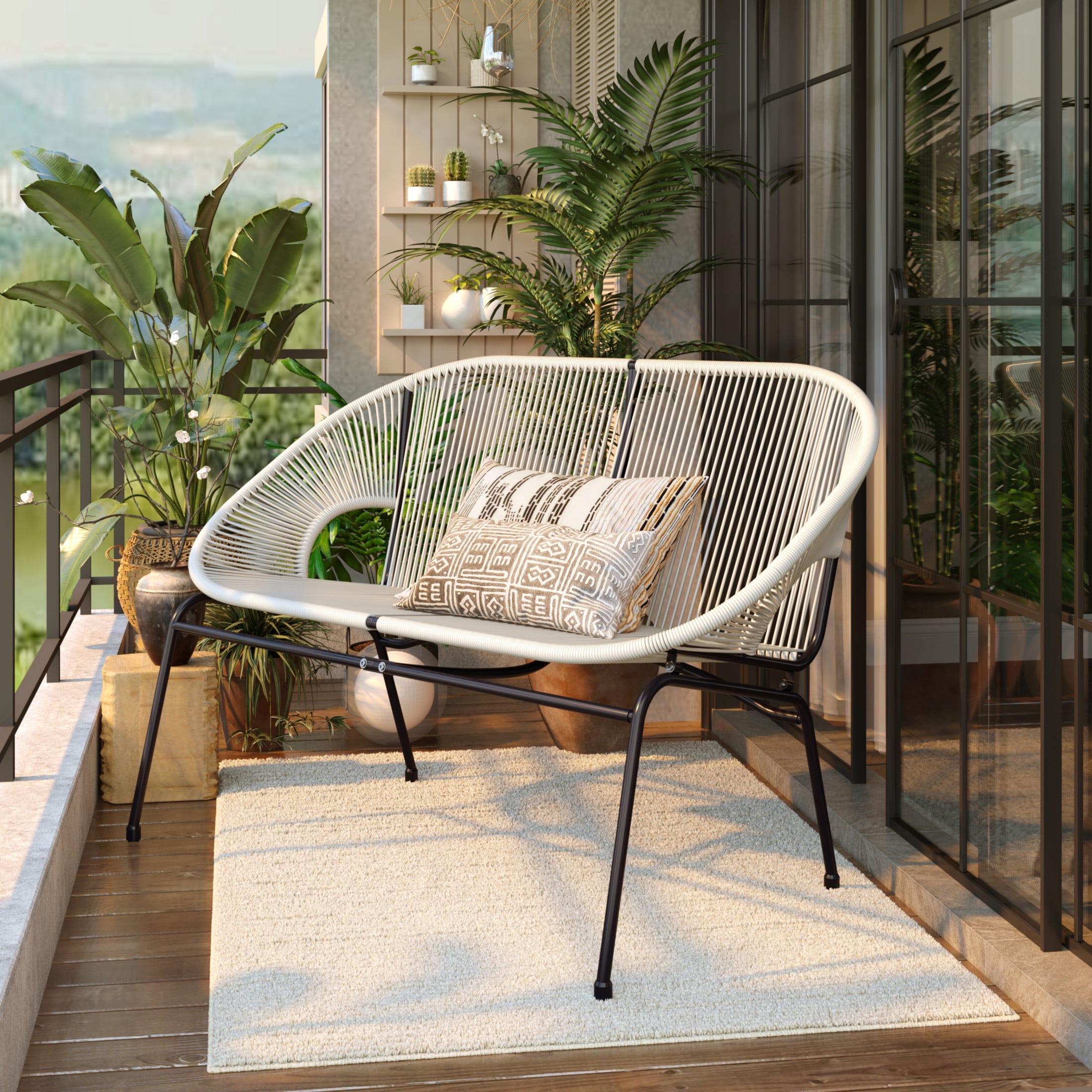White Wicker and Metal Two-Seater Outdoor Loveseat