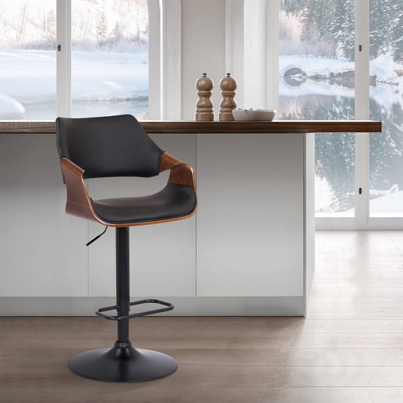 Aspen Modern Swivel Bar Stool With Black Faux Leather And Walnut Wood Frame