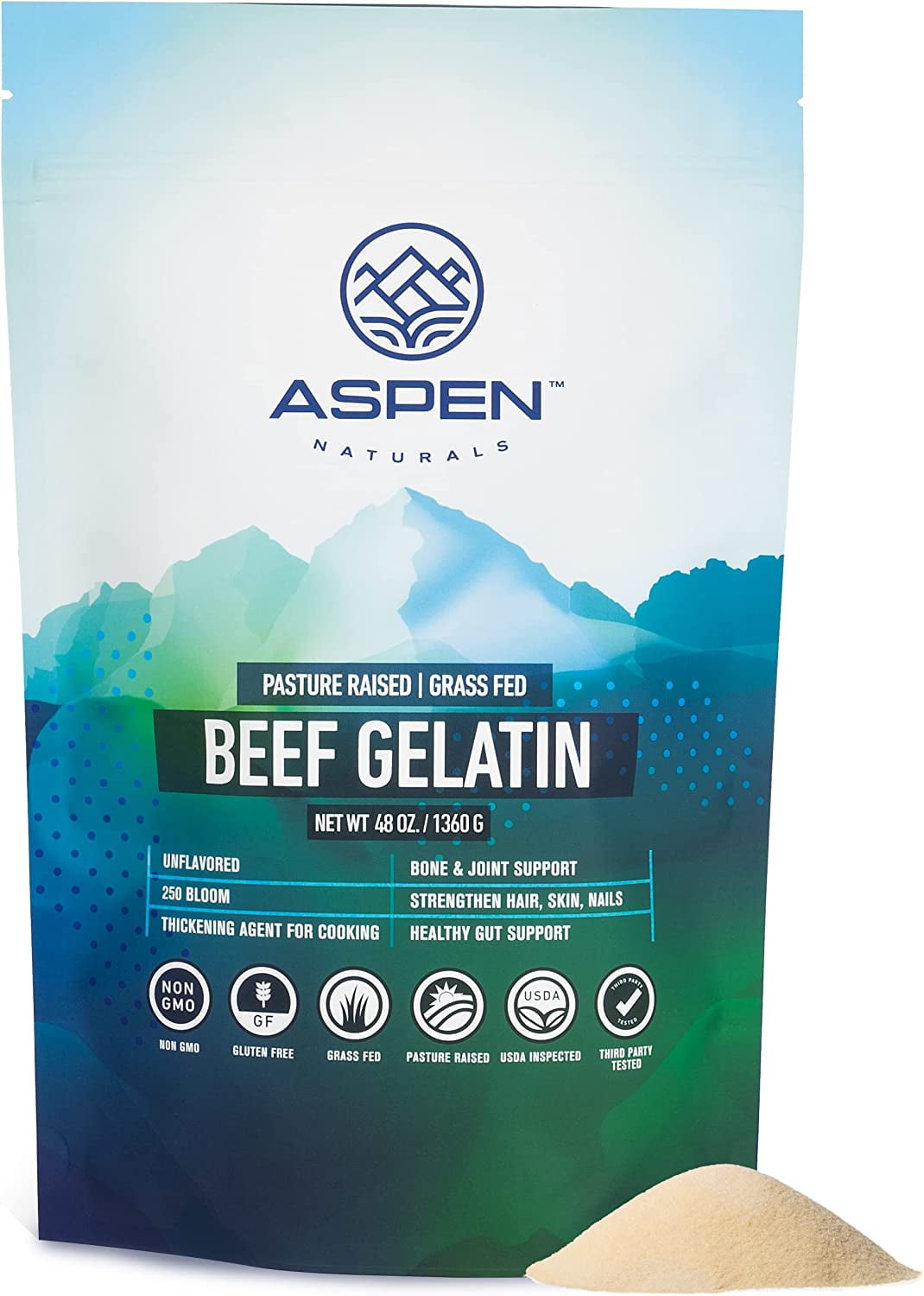 Aspen Naturals Grass Fed Beef Gelatin Powder. Pasture Raised, GrassFed