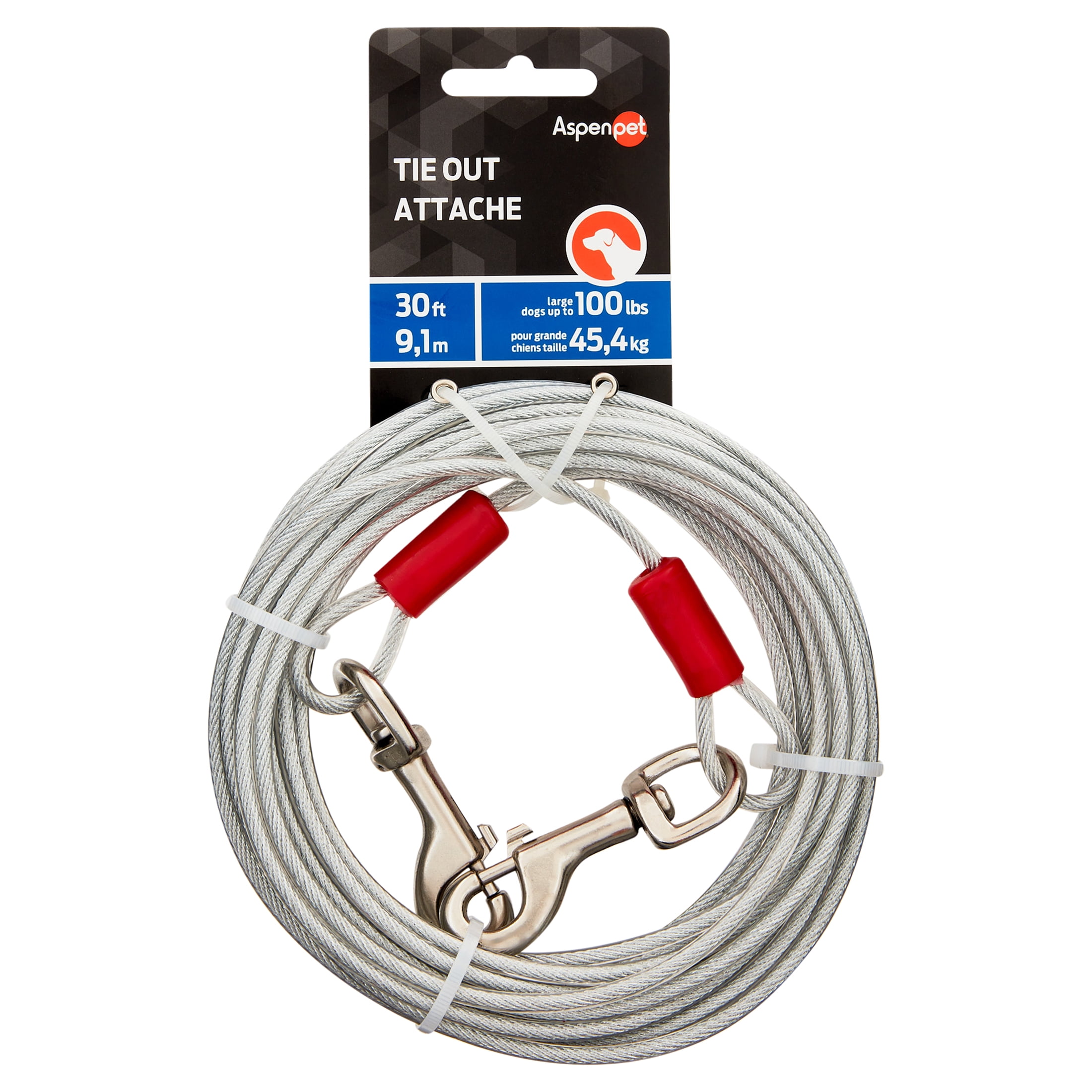 Aspen Pet Heavy Duty Dog Tie-Out Galvinized Steel Cable, 30' Long for Dogs Up To 100 lb, Silver