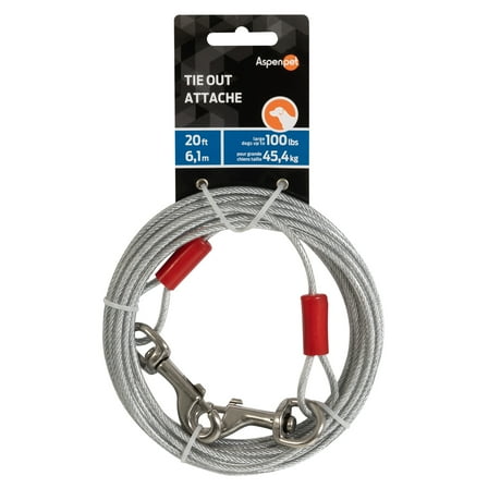 Aspen Pet Heavy Duty Dog Tie-Out Galvanized Steel Cable, 20' Long for Dogs Up To 100 lb, Silver