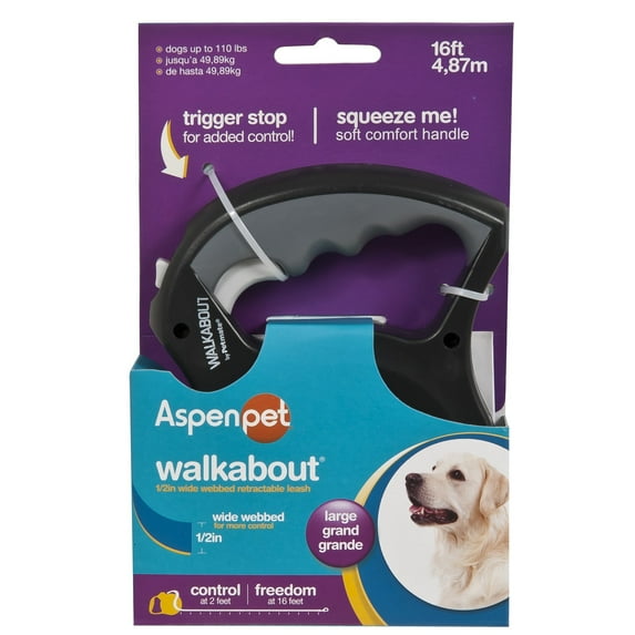 Aspen Pet Walkabout Cord Retractable Dog Leash, 16' for Large Dogs Up To 110 lb, Assorted