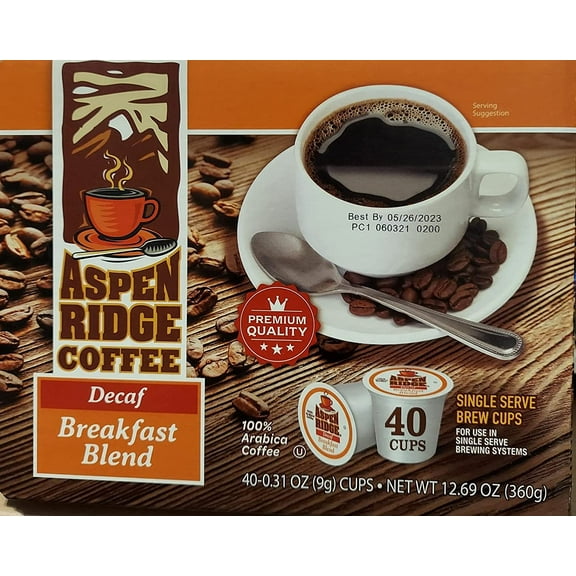 Aspen Ridge Coffee K Cups - Decaf Breakfast Blend Single Serve, 100% Arabica Coffe - 40 Count