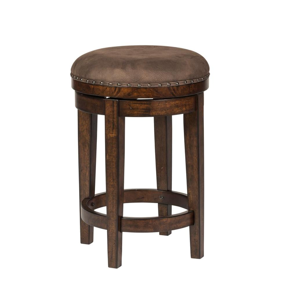 Russet Brown Backless Swivel Wood Stool with Upholstered Seat
