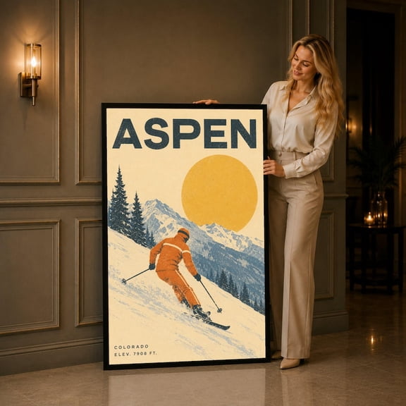 Aspen Skiing Vintage Poster Canvas, Colorado Mountain Scene, Winter Sports Wall Art, Retro Ski Vacation Decor, Adventure Landscape Print