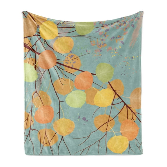 Aspen Tree Soft Flannel Fleece Throw Blanket, Branches with Autumn Leaves Seasonal Inspirations Pastel Kids Fall Background, Cozy Plush for Indoor and Outdoor Use, 70" x 90", Multicolor, by Ambesonne