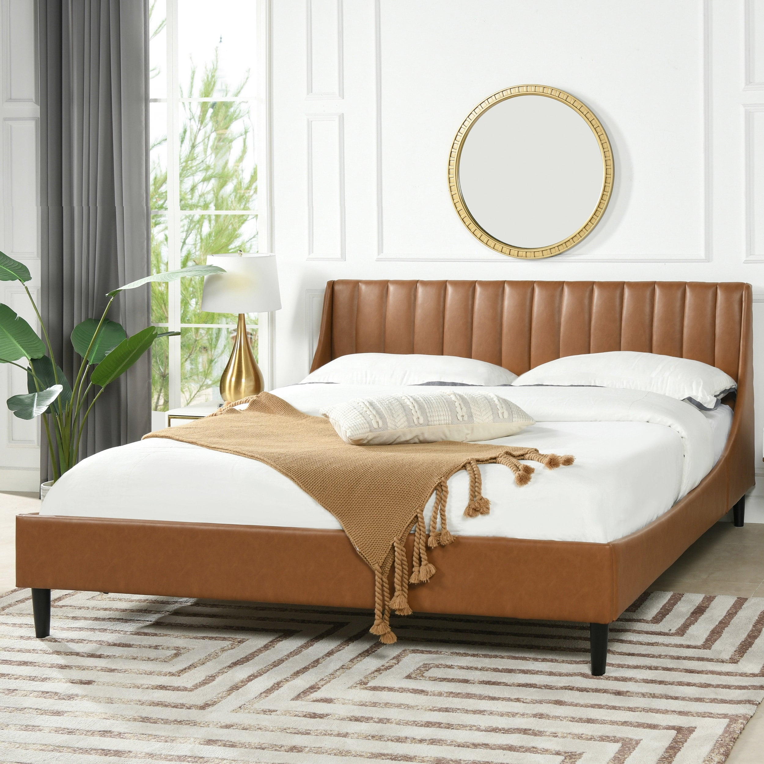 Mahogany Finish Solid Wood Queen Bed W/Faux Leather Brown Padded Headboard  – The Consignment Gallery