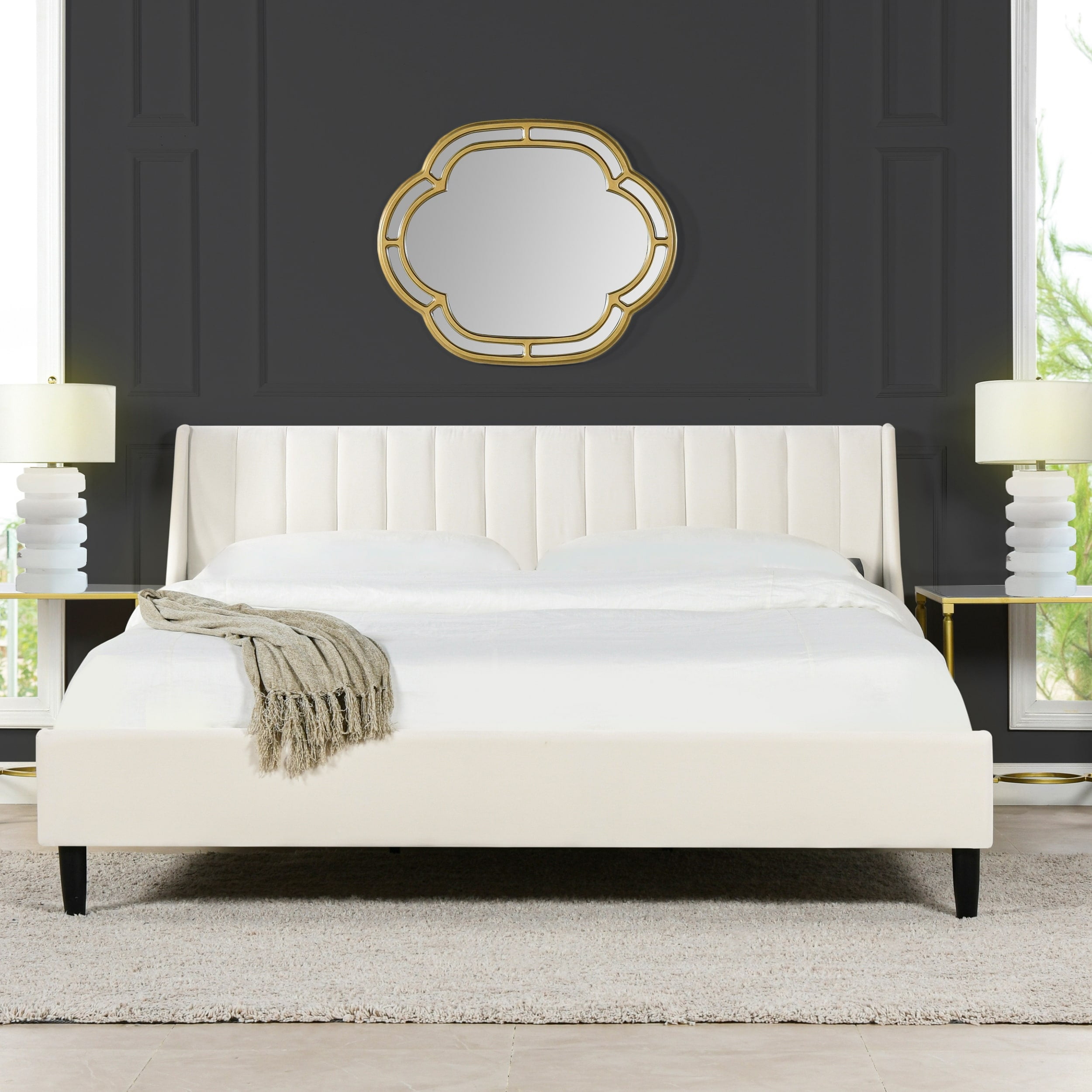 Aspen Cloud White Velvet King Platform Bed with Tufted Headboard