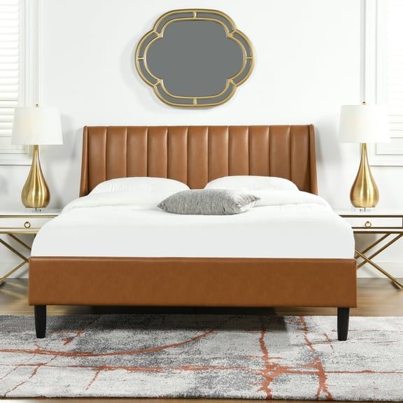 Aspen Vertical Tufted Modern Headboard Platform Bed Set, Queen, Caramel Tan Brown Faux Leather