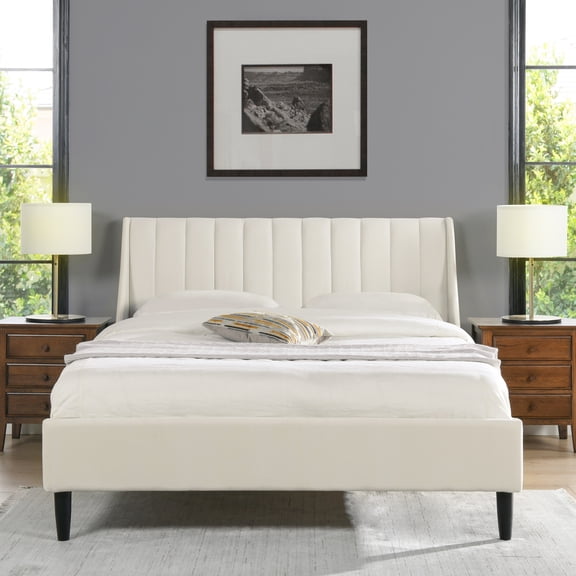 Aspen Vertical Tufted Modern Headboard Platform Bed Set, Queen, Cloud White Performance Velvet