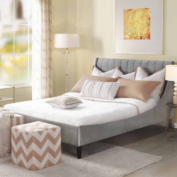 Aspen Vertical Tufted Modern Headboard Platform Bed Set, Queen, Opal Grey Velvet